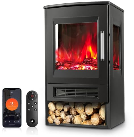 Monucep Elektrokamin mit heizung, Elektrischer Kamin mit LED Flammenm,Kaminfeuer elektrisch mit WiFi Fernbedienung und Timer,Panorama-Sichtfenster,Einstellbarer Thermostat,Heizlüfter,900W/1800W
