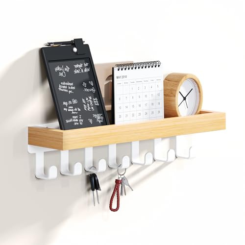 SWTYMIKI Schlüsselbrett mit Holztablett und 7 Haken - Multifunktionales Schlüsselhalter/Schlüsselboard, Schlüsselbrett mit Ablage für Flur, Schlafzimmer & Küche, Hängen Küchenbesteck