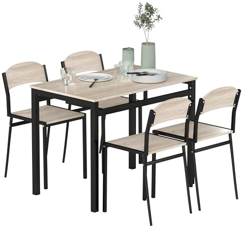 HOMCOM Juego de Mesa y Sillas de Comedor Marco Metálico Roble y Negro