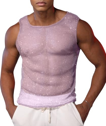 AIEOE Herr genomskinlig glitterväst glänsande nät muskel tank klubbkläder fest rave outfit ärmlös mode topp, Rosa, one size