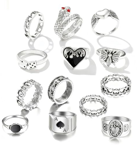 LEBKFT 13 Pcs Punk Gothic Rings Set, Adjustable Alloy Joint Knuckle Ring Set Stackable Rings for Men and Women Vintage Silver Punk Style Ring Fashion Jewelry Gift
