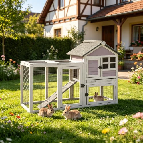 Aivituvin Hasenstall, Kaninchenstall für drinnen und draußen, Kaninchenkäfig mit Laufbereich, Hühnerstall mit herausziehbarem Obertablett (Grau, XZ7002)