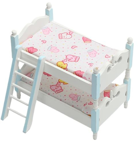 Hotainoys Miniature Dollhouse Furniture, 1 12 Scale Wooden Doll Bunk Bed with Ladder, DIY Decor Doll House Bed for Miniature Dollhouse Accessories, Blue