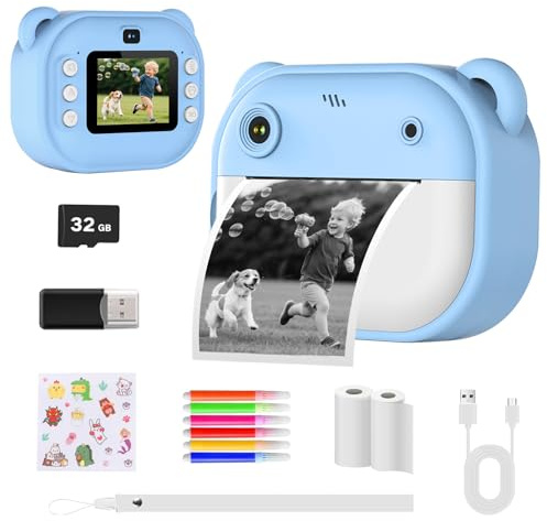 Guyisile Macchina Foto Bambini Stampante, 24MP, 1080P, 32GB & carta | Fotocamera istantanea senza inchiostro per bambine & bambini 3–14 anni – pennarelli & adesivi, ideale per avventure creative