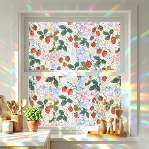 Fensterfolie - Selbstklebend Statische Folie, fensterfolie Blickdicht Bunt Blickdichte Sichtschutzfolie für Badezimmer, Haustür, Haus, Sonnenschutz, Wärmeschutz,Süße Beeren überall 44x200CM