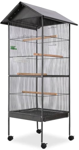 Ziaphsol fågelvoljärer med tak, stål, svart, 66 x 66 x 155 cm, för papegojbur, med 4 sittstänger, trä, foderskål och vattendispenser, hjul för transport