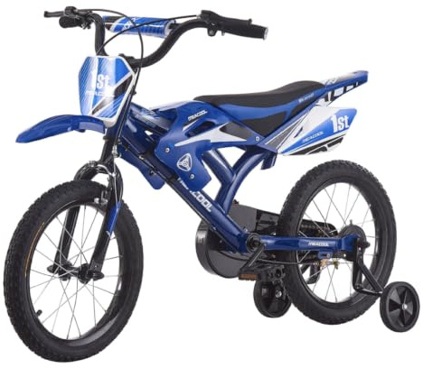 LSBIKE 16/18 Zoll Motorrad-Stil Kinderfahrrad, Motorcross Fahrrad mit V-Brake Bremsen, Kinderfahrrad für Kinder im Alter von 4-9 Jahren mit Stützrädern und Schutzblech, 90% Vormontiert