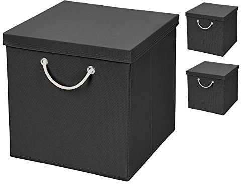 Stick&Shine 3er Set Schwarz Faltbox 30 x 30 x 30 cm Aufbewahrungsbox faltbar mit Kordel und mit Deckel
