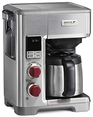 WOLF GOURMET Programmable Coffee Maker System with 10 Cup Thermal Carafe, Built-In Grounds Scale, Removable Reservoir, Red Knob, Stainless Steel (WGCM100S)