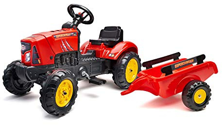 FALK - Tracteur a pedales Supercharger rouge avec capot ouvrant et remorque