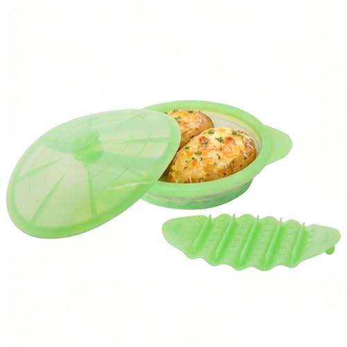 Microwave Steamer Cooker Collapsible Bowl Silicone Cookware Baked Potato with Handle Lid for Vegetables Fish Prep Meal Food with Removable Rack BPA Free Easy to Store Freezer Dishwasher Safe Green