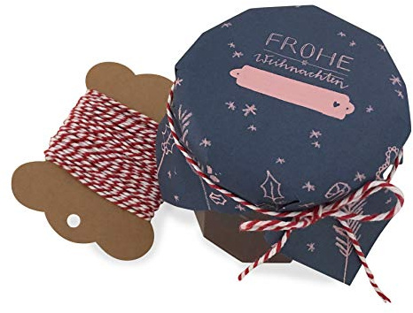 25 Marmeladendeckchen - Frohe Weihnachten - Gläserdeckchen blau rosa für Marmelade, Marmeladengläser & Einmachgläser, Recyclingpapier Abreißblock + 10 m Garn + Justiergummi