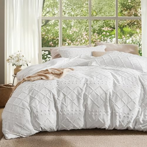 Bedsure Boho Duvet Cover Queen Size - White Breathable & Soft Boho Bedding, Machine Washable Comforter Cover for All Seasons, Includes 1 Duvet Cover 90x90 with 2 Pillow Shams & Zipper Closure