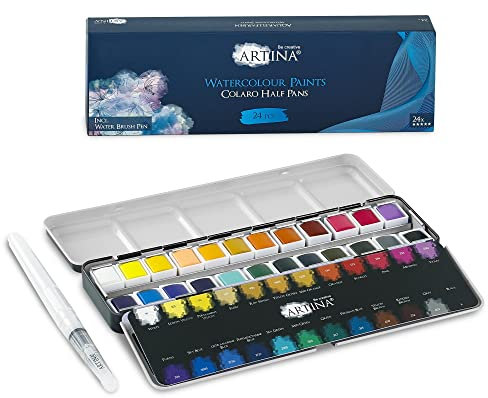 Artina Colaro Farbkasten Aquarellfarben 24 Set Wasserfarbe Malkasten Metallkasten mit Aquarell Palette Näpfchen Wasserfarben Malset und Wassertankpinsel - Pinselstift