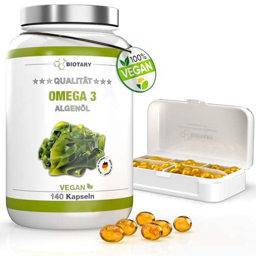 Omega 3 Vegan aus Algenöl 140 Softgel Kapseln, 600 DHA & 300 EPA+ Vitamin E pro Tagesdosis, ca. 3 Monate Vorrat, inklusive Pillenbox, laborgeprüft, hohe Bioverfügbarkeit