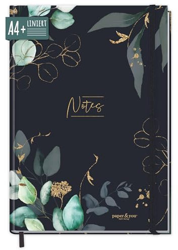 paper&you® Notizbuch liniert A4+ mit Gummiband Mondscheinblüten 156 Seiten, 78 Blatt - liniertes Notebook, Journal, Skizzenbuch, Tagebuch - nachhaltig & klimafreundlich