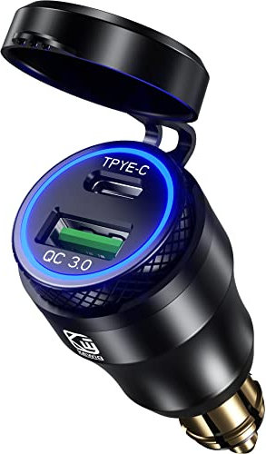 Kewig Aluminium DIN Hella Powerlet Plug Charger Motorcycle PD Type C & QC 3.0 USB Charger Power Adapter with LED Display Compatible with ATV Street Bike Racing Bike Off-Road