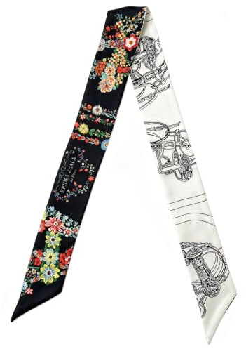 COtheSumay Mulberry Silk Scarf for Handbags & Purses, 2''x35'' Hair Ribbon Skinny Neck Scarves for Women（Horse reins + Flower: Light Black）