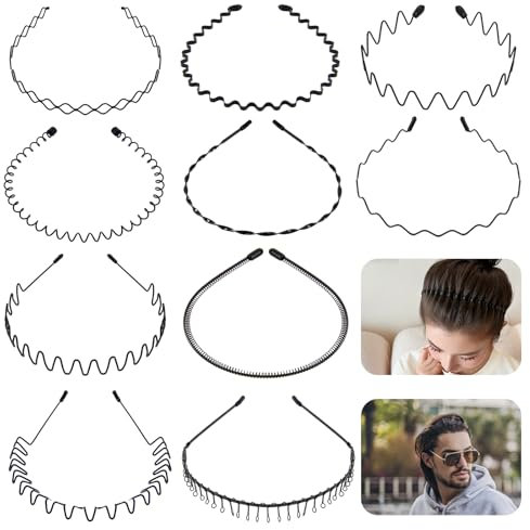 10 Stück Haarreifen Männer,Metall Haarreifen Dünn Zick Zack Haarreif Schwarz Haarband Frauen Herren Haarspange Elastisch Stirnbänder Unisex Welle Haarbänder für Tägliches Make-up Sports Fitness Yoga