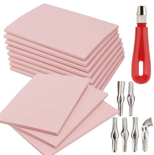ZOENHOU 12 Pcs 4 x 6 Pink Rubber Carving Blocks, Soft Rubber Crafts Rubber Stamping Blanks with Carving Tools, Linoleum Blocks for Printmaking