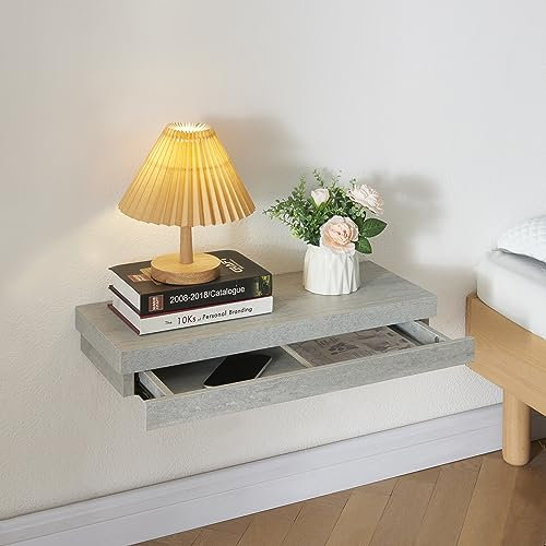 [en.casa] Mensola con Cassetto Consolle da Parete Mensola da Muro Comodino Sospeso con Cassetto Integrato 60 x 23,5 x 8 cm - Effetto Cemento