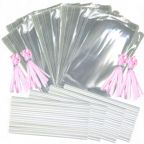 MIJOMA 300-teiliges Cake Pop Zubehör-Set: 100 lebensmittelechte Süßigkeiten-Tüten, 100 rosa Schleifenbänder & 100 robuste Papier-Stiele - Perfekt für Cake Pops, Kekse, Bonbons & mehr.