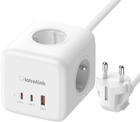 GlobaLink Prolunga a cubo 6 in 1, 3 prese AC, caricatore rapido GAN da 65 W, multiplo con 2 USB C e 1 presa multipla USB A, con interruttore, per casa, cucina, ufficio, cavo intrecciato – 1,5 m