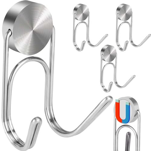 Buelkmag Magnetic Hooks, Heavy Duty 304 Stainless Steel Hooks, Magnetic Hanging Hooks for Refrigerator, Barbecue, Toolbox, Outdoor Cabins, Cruise Essentials, Pack of 4 (Silver, 1.1 - 4 lbs)