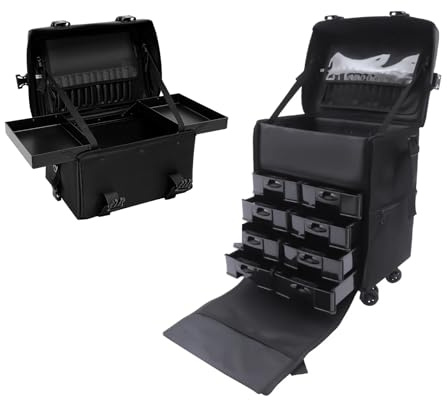 Kosmetikkoffer Trolley mit Schublade, 2 In 1 Professioneller Beauty Make-up-Koffer, Abnehmbarer Travel Nagelkoffer für Salon Beauty Studio Maskenbildner Schwarz