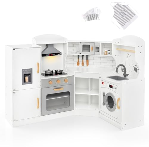 DREAMADE Kinderküche mit Licht und Sound, Kinder Küche Eckküche aus Holz mit Herd Spüle Backofen Waschmaschiene, Spielküche mit 14 TLG. Spielzubehör für Kinder ab 3 Jahren (Weiß)
