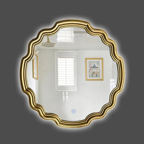 GLFNB Vintage-Spiegel, LED-Badezimmerspiegel mit PU-Rahmen, 65 cm Wandspiegel, dekorativer Spiegel für Wohnzimmer, intelligenter Schminkspiegel, dimmbar, Memory-Funktion (Größe: Gold)