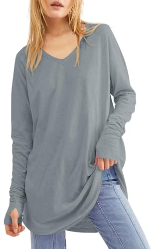 Ebifin, camicia da donna a maniche lunghe, con scollo tondo, basic, bluse, tunica, t-shirt, top., B-grigio., XL