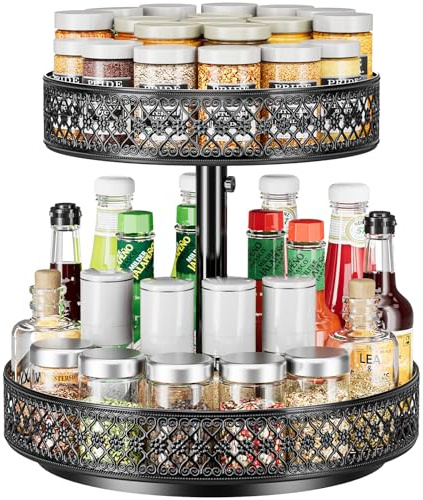 Lazy Susan Revolving Spice Rack Organizer - 2 Levels 360° Rotating Metal Tray Organizer Floral 30 cm for Pantry Kitchen Bathroom Floor Refrigerator Table, Black