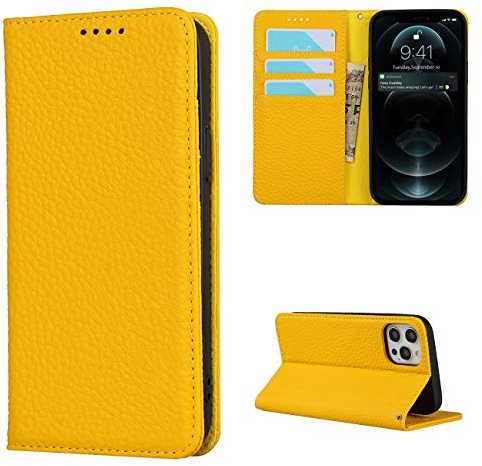 CAVOR Handyhülle kompatibel mit iPhone 12/12 Pro Hülle,Flip Echtleder Geldbörse Handyhülle,[4 Kartenfächer][Magnetisch][Mit Lanyard],Klapphülle Handytasche kompatibel mit iPhone 12/12 Pro - Gelb