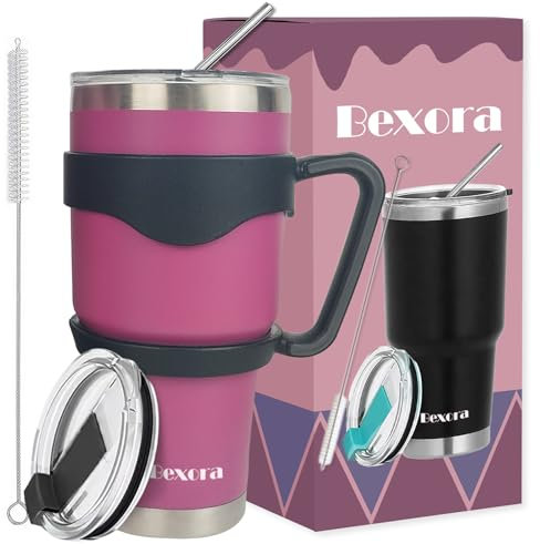 BEXORA 30oz Tumbler with Straw and Lid, Travel Mug- Double Wall Vacuum Stainless Steel Insulated Water Bottle for Drinking Hot or Iced Coffee Drink-Insulated Coffee Cup (Pink 2)
