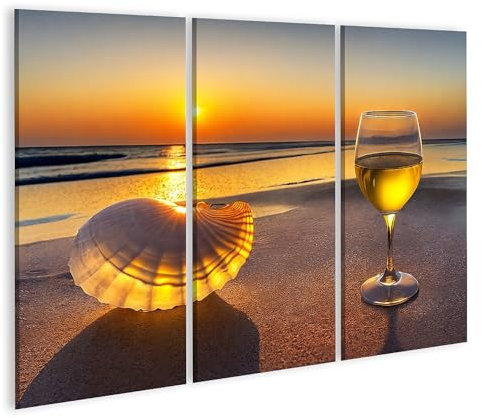 islandburner Bild auf Leinwand Weinglas Muschel Strand und Sonnenuntergang Bilder Wandbilder Poster