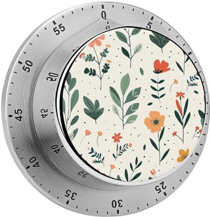 Kitchen Countdown Timer Retro Design Elements Printed Mechanical Timer Magnetic Backing Stainless Steel Body Magnetic Timer for Home Baking Cooking Oven