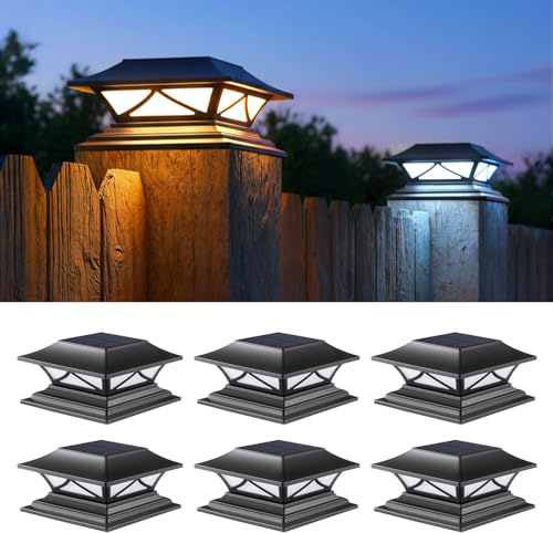 PASAMIC 6 Pack Solar Post Cap Lights, Waterproof Outdoor Lights for 4x4 5x5 6x6 Wood Posts, Fence Post Solar Lights with 2 Color Modes for Garden, Deck, Patio, Porch, Fence