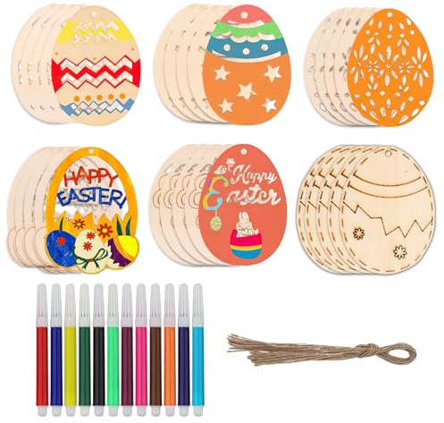 HFMYGS 30 Stück Ostereier zum Bemalen, Holzeier zum Bemalen, Osterdeko Holz, Ostereier Bemalen, Ostergeschenke Kinder, Osterdeko, Ostern Holzanhänger, Deko mit Schnur Diy Basteln