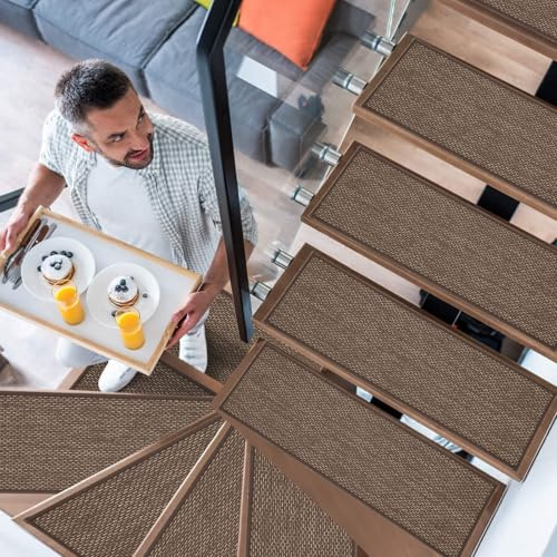 YISUN 15 PCS Stair Treads, Non-Slip Stair Carpet Treads Runner | 65 X 20cm Non Skid Rubber Backing Stair Mats, Removable Washable Step Runners for Kids, Elders and Pets (Brown)