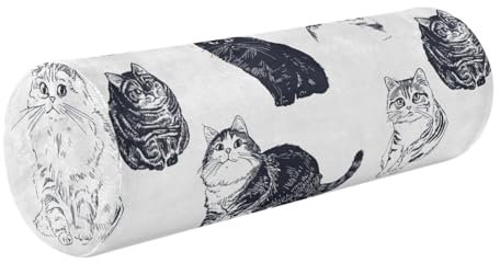 KLL Cartoon Scottish Foldcats Nackenrolle, Baumwolle, Nackenrolle, kleiner runder Kisseneinsatz, Zylinder, Memory-Schaum, Kissenrolle mit Reißverschluss, Weiß