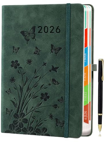 Kalender 2026 A5 – Tageskalender 1 Tag pro Seite, Tagesplaner & Terminkalender, Buchkalender, Jahresplaner Jan.–Dez. 2026, Mit bunten Monats-Tabs, Meergrün, Inklusive Stift und Deutsche Feiertage