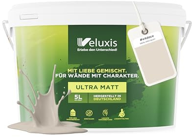 Veluxis Wandfarbe Creme Hellgrau Beige matt 5 L – Melty Marzipan | Innenfarbe mit Deckkraft Klasse 1, VOC-frei, ohne Grundierung, tropfarm, für Wohnzimmer und Schlafzimmer