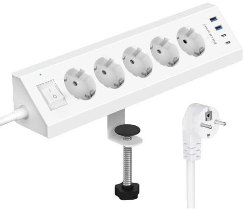 Tischsteckdose mit USB C & Tischklemme, 3680W/16A Steckdosenleiste Schreibtisch, 5 Fach Mehrfachsteckdose 4 USB mit Schalter 2M Kabel, C klemme, Überspannungsschutz für Zuhause Büro Tisch