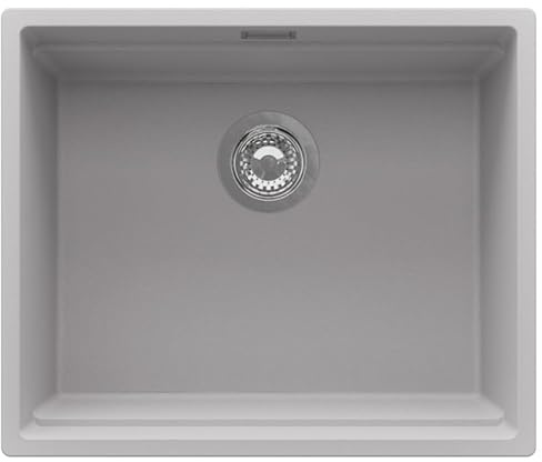 PRIMAGRAN Fregadero bajo Encimera al Mueble 60cm + Kit de desagüe, 56x47cm | Set: Kit de desagüe (sifón, válvula, rebosadero) + Prague Level 1 Seno para Cocina, Gris