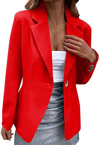 YIzdegg Blazer Damkavaj Elegant, långärmad, enfärgad, lång kavaj med , jacka med ficka, avslappnad, affärsjacka med knapplås, smal passform, kavaj med öppning framtill, röd, XL