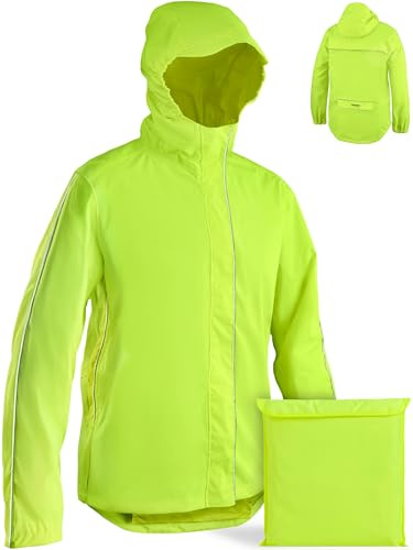 Prowiste Fahrradjacke Herren & Damen M – Wasserdicht & Atmungsaktiv – Reflektierende Regenjacke mit Kapuze & Rückentasche – Kompakt mit Tasche verstaubar – Laufjacke – Windjacke