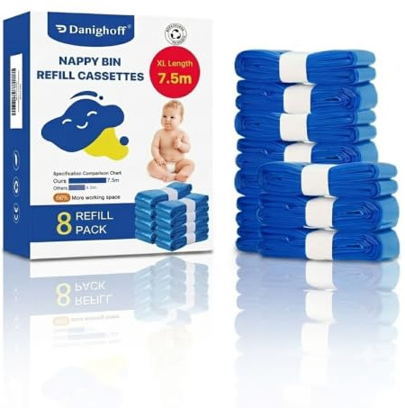 8 Pack Nappy Bin Refill Bags,7.5M Each Nappy Bags 7-layer Anti-Odor | Diaper Pail Refill Durable, Thickened, Leak-Proof, Tear-Resistant, Disposal Liner, Lavender Scented Liner with Large Capacity