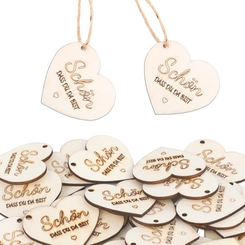 30 Stücke SchöN Das Du Da Bist Tischdeko Hochzeit Holz Herz Geschenkanhänger,Holzdeko Geschenkanhänger für Valentinstag Hochzeit Weihnachten Geschenkverpackung Taufe Geburtstag Party