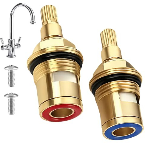 Mixer Tap Cartridge Replacement 1/4 Turn, 20‑Spline Brass & Ceramic Disc Tap Valve with Washers for Mixer Taps, Glands Seals Repair Kit for Bathroom Kitchen (Hot & Cold)